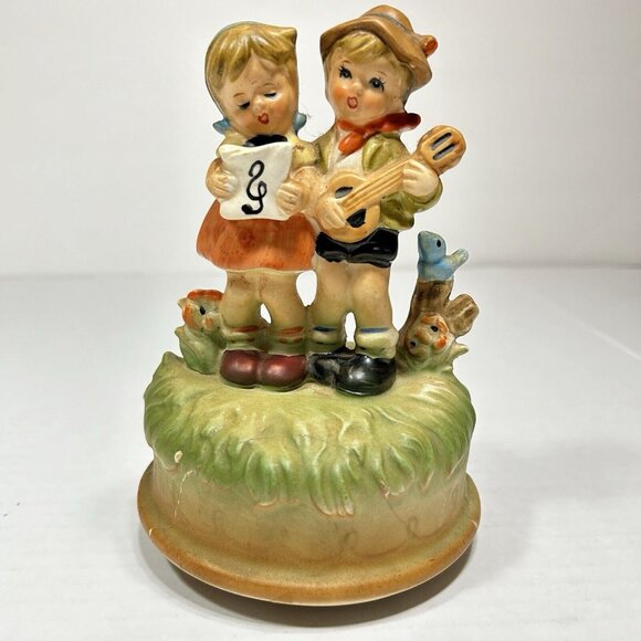 Vtg Sanmyro Porcelain Boy & Girl Bird Guitar Rotating Music Box Japan Flaw 6” - Picture 1 of 9